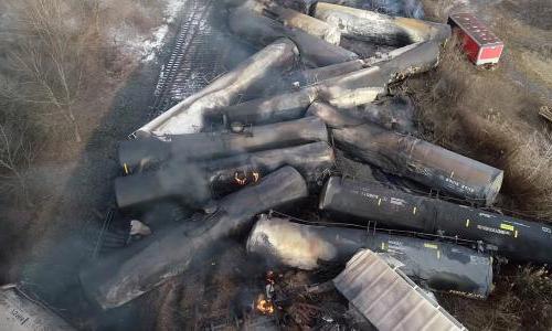 An aerial view of a derailed freight train in East Palestine, Ohio.